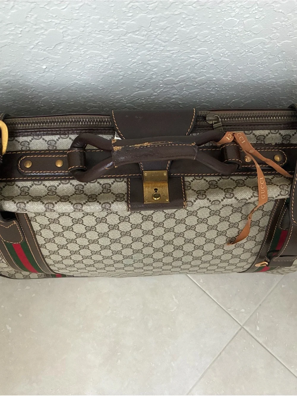 Gucci Beige GG Canvas Travel Bag with Brown Leather and Green-Red Web